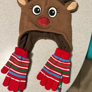 Brand New Pre Teen/Teen Amscan Reindeer Hat with Red Striped Gloves- One Size